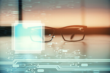 Data tech hologram with glasses on the table background. Concept of technology. Double exposure.