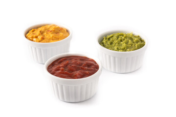Traditional Mexican sauces. Guacamole, chilli pepper sauce and cheese sauce isolated on white background