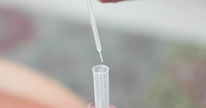 Droplets Of Lysis Buffer From Pipet Into Plastic Test Tube For COVID-19 Test. - close up