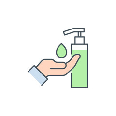 palm with hand sanitizer and drop of antiseptic gel single line icon isolated on white. outline icon symbol Coronavirus Covid 19 banner disinfect hands element with editable Stroke line thickness