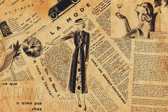 Paris, France – November 20, 2020: Collage of french newspaper headlines, draws and articles in 1930s - french atmosphere theme.