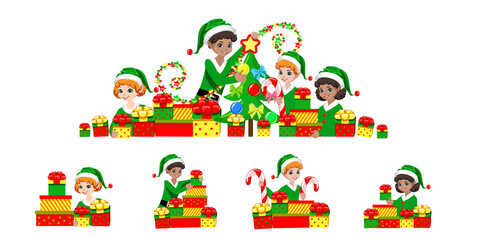 Vector set of happy Christmas elf with gifts, sweets and decorations. Merry Christmas and Happy New Year.