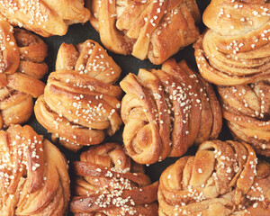 Traditional Swedish cinnamon buns. Very popular snack throughout Scandinavia. Top view