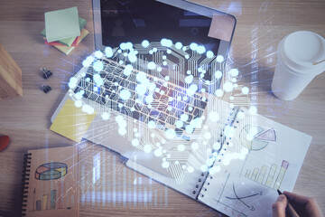 Brain multi exposure icon with man hands background.