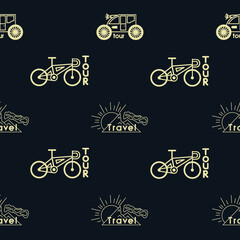 Travel vector background. Pattern bicycle, buggy, mountains, sun.