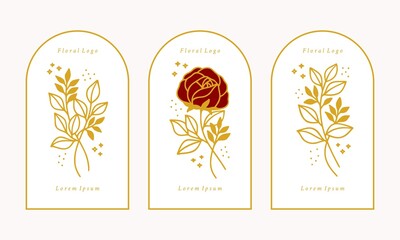 Set of hand drawn vintage gold botanical rose flower and leaf branch vector illustration elements for feminine logo and beauty brand