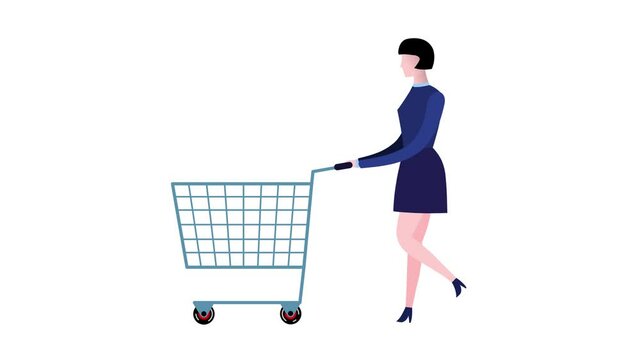 Cartoon woman with market shopping trolley. Beautiful woman in supermarket character. Business people animated version. Business cartoon animations serie. Alpha channel, seamless loop.