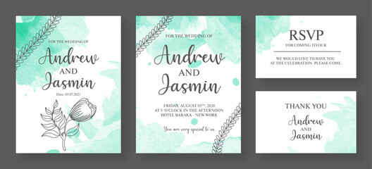Fototapeta na wymiar Watercolor floral wedding invitation card design.