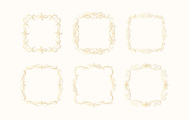 Hand drawn golden vignette swirl borders in royal style. Set of vector isolated vintage certificate frames for invitation card. Calligraphic gold scrolls.