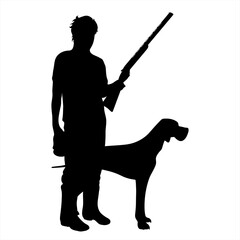 Vector silhouette of hunter with dog hunting with gun. Symbol of killing animals.