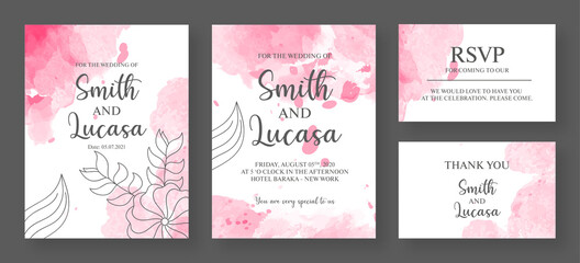 Wedding invitation card design in pink and white color abstract background.