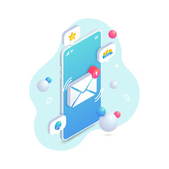 New incoming message isometric concept, 3d Email Mobile notification. New e-mail on smartphone screen. Social network, sms chat, spam, new mail vector illustration for website, landing, app, advert