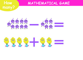 mathematical examples of addition and subtraction. educational page for children. cute aliens