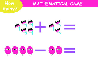 mathematical examples of addition and subtraction. educational page for children. cute aliens