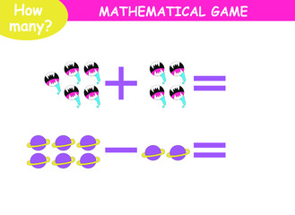 mathematical examples of addition and subtraction. educational page for children. cute aliens