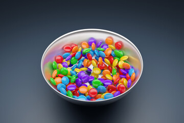 3d illustration of small glass plates with  colorful chewing gums on a gray background. A treat for the  kids.