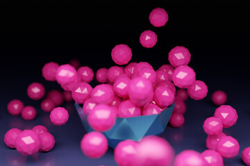3D illustration of a large plate with bright pink balls with many faces scattering in different directions on a black background. Futuristic origami. 