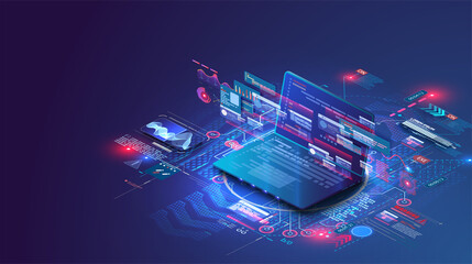 Application of  isometric laptop with business graph and analytics data. Analysis trends and software development coding process concept. Programming, testing cross platform code.Programming or coding