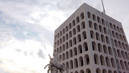 Wide angle View of a famous building called Palazzo della Civiltà Italiana and nicknamed the square colosseum. This building is located in the district of EUR in Rome, Italy.