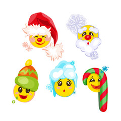 Holiday emoticon set icons, Christmas emoji symbols, isolated on white background, vector illustration.
