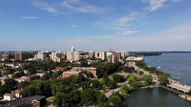Downtown Madison, Wisconsin USA. Aerial View of Traffic by Lake Monona on Sunny Summer Day
