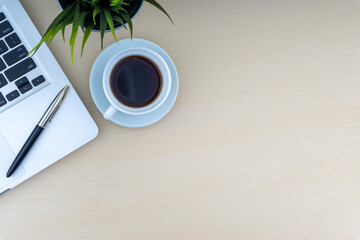 Laptop, fountain pen, decorative plant and cup of coffee on wooden background. Business and copy space concept..