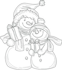 Two cartoon snowman family in hat and scarf with present box sketch template. Christmas vector illustration in black and white for games, background, pattern, decor. Coloring paper, page, story book