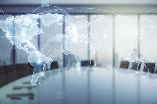 Abstract graphic digital world map hologram with connections on a modern coworking room background, globalization concept. Multiexposure