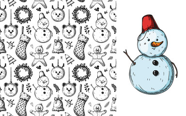 Christmas seamless pattern. Toys, snowman, wreath and other Christmas elements. Sketch
