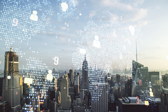 Double exposure of social network icons hologram and world map on New York city skyscrapers background. Marketing and promotion concept