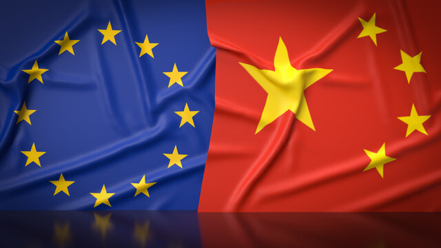 The Chinese  and  European union  flag  image 3d rendering