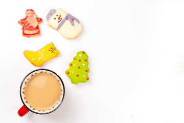Christmas composition. mug with cocoa, gingerbread cookies and decorations on a white background. Christmas, winter, new year concept. Flat lay, top view, copy space