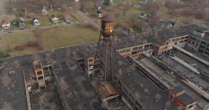 Aerial view of the dilapidated Packard Automotive Plant in Detroit, Michigan.This video was filmed in 4k for best image quality
