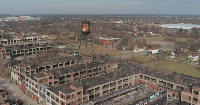 Aerial view of the dilapidated Packard Automotive Plant in Detroit, Michigan.This video was filmed in 4k for best image quality