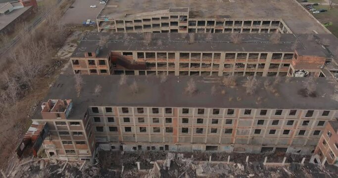 Aerial view of the dilapidated Packard Automotive Plant in Detroit, Michigan.This video was filmed in 4k for best image quality