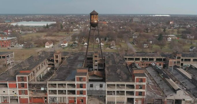 Aerial view of the dilapidated Packard Automotive Plant in Detroit, Michigan.This video was filmed in 4k for best image quality