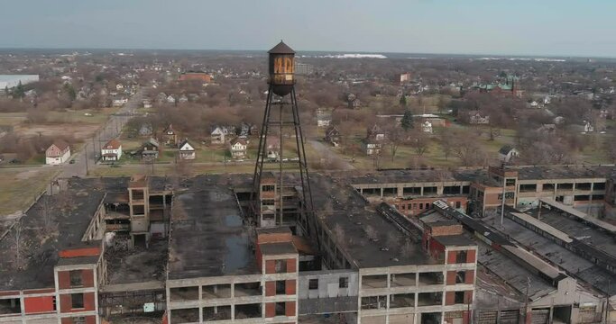 Aerial view of the dilapidated Packard Automotive Plant in Detroit, Michigan.This video was filmed in 4k for best image quality