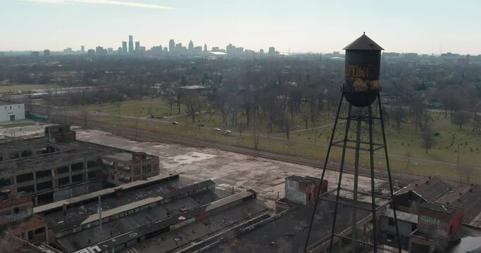Aerial view of the dilapidated Packard Automotive Plant in Detroit, Michigan.This video was filmed in 4k for best image quality