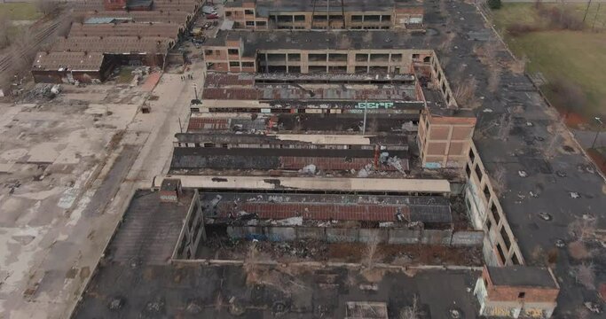 Aerial view of the dilapidated Packard Automotive Plant in Detroit, Michigan.This video was filmed in 4k for best image quality