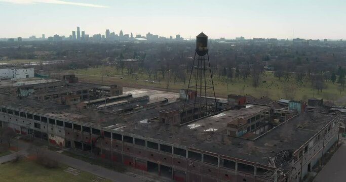 Aerial view of the dilapidated Packard Automotive Plant in Detroit, Michigan.This video was filmed in 4k for best image quality