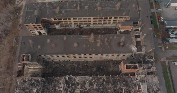 Aerial view of the dilapidated Packard Automotive Plant in Detroit, Michigan.This video was filmed in 4k for best image quality