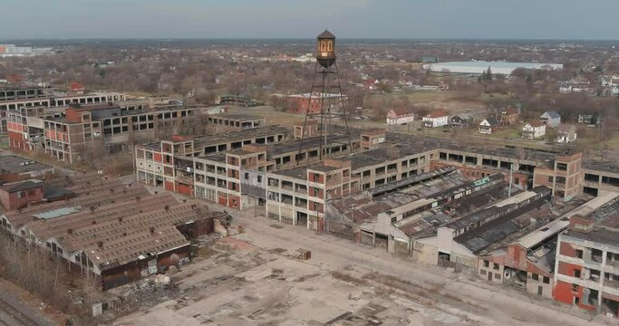 Aerial view of the dilapidated Packard Automotive Plant in Detroit, Michigan.This video was filmed in 4k for best image quality