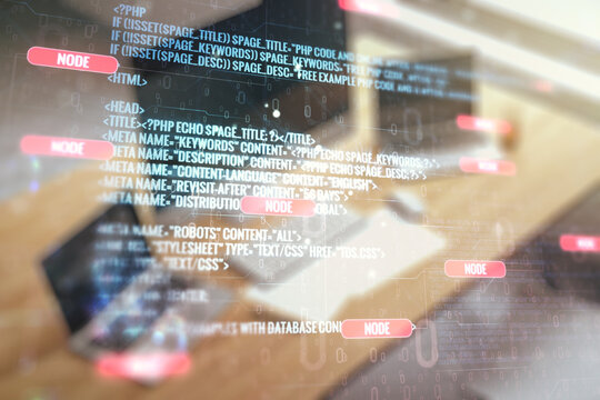 Multi exposure of abstract programming language hologram and modern desk with computer on background, artificial intelligence and machine learning concept