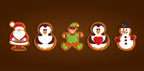 Christmas gingerbread cookies set collection, snowman, Santa Claus, penguin, elf, vector illustration