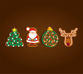 Christmas gingerbread cookies set collection, tree, Santa Claus, reindeer, elf, ball, snowman, vector illustration