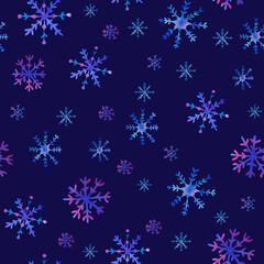Watercolor Christmas snowflakes seamless pattern. Hand drawn Christmas illustrations with Christmas snowflakes on dark blue background. Christmas background.