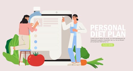 Online dietitian consultation. Concept of healthy eating, personal diet or nutrition plan from dieting expert or online nutrition course or marathon preparation. Can be used for social media banner.