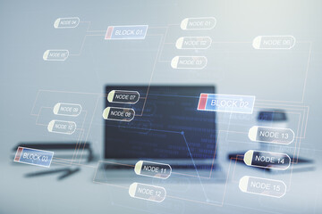 Naklejka premium Multi exposure of abstract graphic coding sketch on modern computer background, big data and networking concept