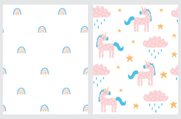 Magic Party Seamless Vector Patterns. Cute Rainbows, Pink Unicorns and PInk Fluffy Clouds Isolated on a White Background. Lovely Nursery Fabric.  © Magdalena