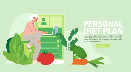 Woman sits plans her diet online or in application. Concept of healthy eating, personal diet or nutrition plan from dieting expert or online nutrition course or marathon preparation for banner, ui.